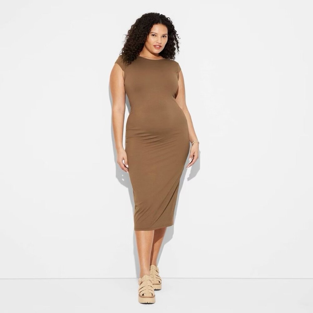 Women's Cap Sleeve Ribbed Midi T-Shirt Dress - Wild Fable XL Brown Comfy Lo Back